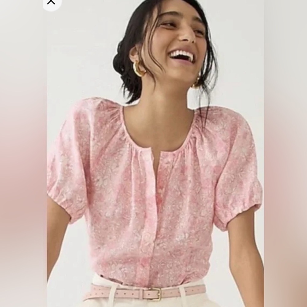 J Crew V-back Linen Puff Sleeve Top Blouse in Tossed Floral Lightweight Breezy